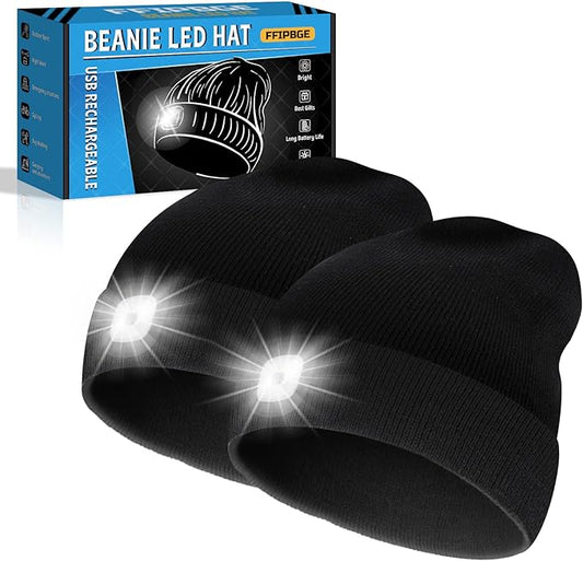 Christmas Stocking Stuffers for Men Adults, Beanie Hats with Light, USB Rechargeable LED Hand Free Headlamp, Birthday Gifts for Men, Women, and Teens, Ideal for Camping, Hiking, 2 Pack, Black