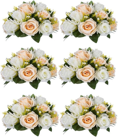 NUPTIO Artificial Flower Centerpieces for Tables: 6 Pcs Peachy Champagne & White Flower Ball Arrangement for Wedding Party - 9.5 Inch Diameter Floral Rose for Bridal Shower Decor