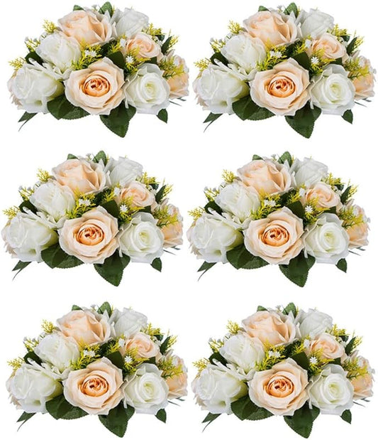 NUPTIO Artificial Flower Centerpieces for Tables: 6 Pcs Peachy Champagne & White Flower Ball Arrangement for Wedding Party - 9.5 Inch Diameter Floral Rose for Bridal Shower Decor