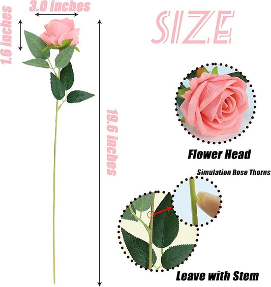 SITUMEIZI 15PCS Pink Artificial Roses Silk Flowers Fake Roses Realistic Bouquet Long Stem with Gift Box for Mother's Gift Day Home Party Wedding Decorations
