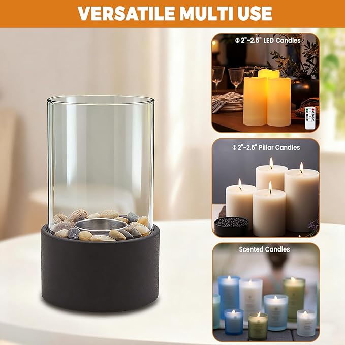 EastFlame Tabletop Hurricane Candleholder with Decorative Stones - Suitable for Dia 2.5" and Below Pillar Candles and Scented Candles, Gift for Dinner Table Centerpiece & Housewareming Gift