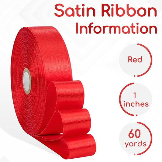 Red Satin Ribbon 1 Inch, 60 Yards Red Fabric Ribbon for Hair, Flower Bouquet, Gift Wrapping, Crafts, Graduation Wreaths, Christmas, Invitation Cards