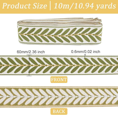 OLYCRAFT 10.9Yards Jacquard Ribbon Trim 2.4 Inch Leaf Pattern Jacquard Polyester Ribbons White Green Leaf Jacquard Woven Embroidery Trim for DIY Sewing Crafts Handmade Bag Belts Clothing Decoration