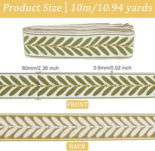 OLYCRAFT 10.9Yards Jacquard Ribbon Trim 2.4 Inch Leaf Pattern Jacquard Polyester Ribbons White Green Leaf Jacquard Woven Embroidery Trim for DIY Sewing Crafts Handmade Bag Belts Clothing Decoration