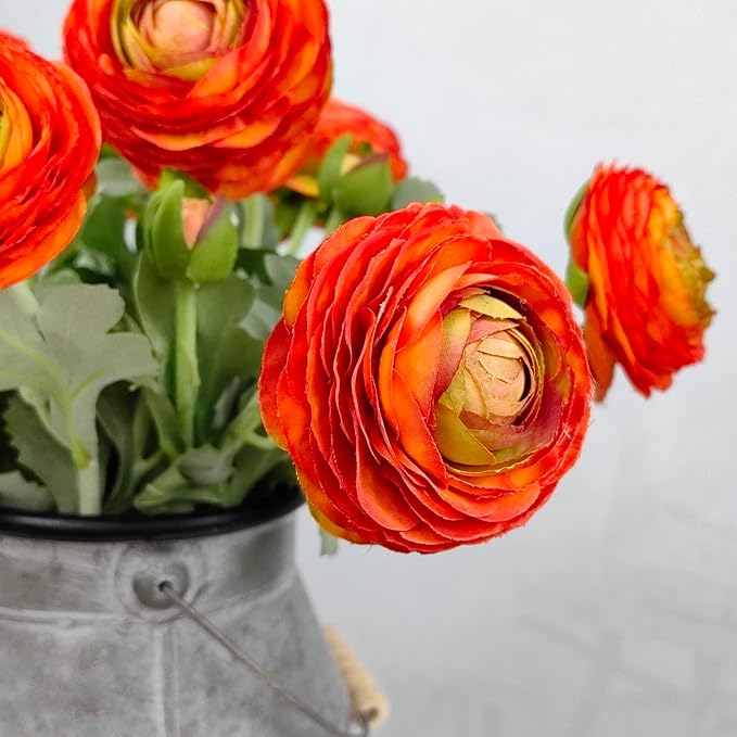 Artificial Ranunculus Flowers with Real Touch Stem, Silk Ranunculus Flowers (Orange, 6pcs)