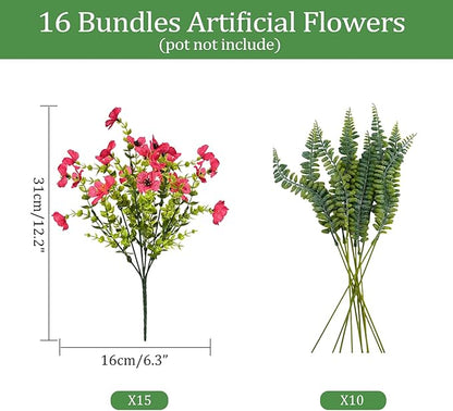 Artificial Faux Plants Flowers Outdoor Decoration,16 Bundles Fake Silk Colorful Daisy Eucalyptus Realistic UV Resistant for Outside Home Planter Porch Patio Yard Decor (Red)