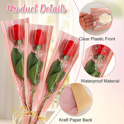 BEISHIDA 100 Pcs Single Rose Sleeve Bouquet Bags Kraft Paper Flower Bouquet Wrapping Paper Clear Single Flower Sleeve Rose Packaging For Mother's Day,Wedding,Valentine's Day(15.7 X 4.7in-Pink)