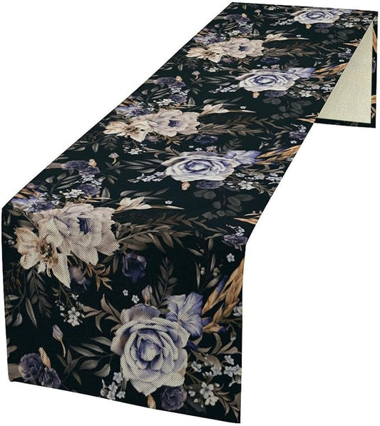 Dark Botanical Table Runner, Gothic Vintage Purple Garden Flowers Herbs Print Print Table Cover for Kitchen Dining Home Decor Wreath Party Decoration, 13x108inch