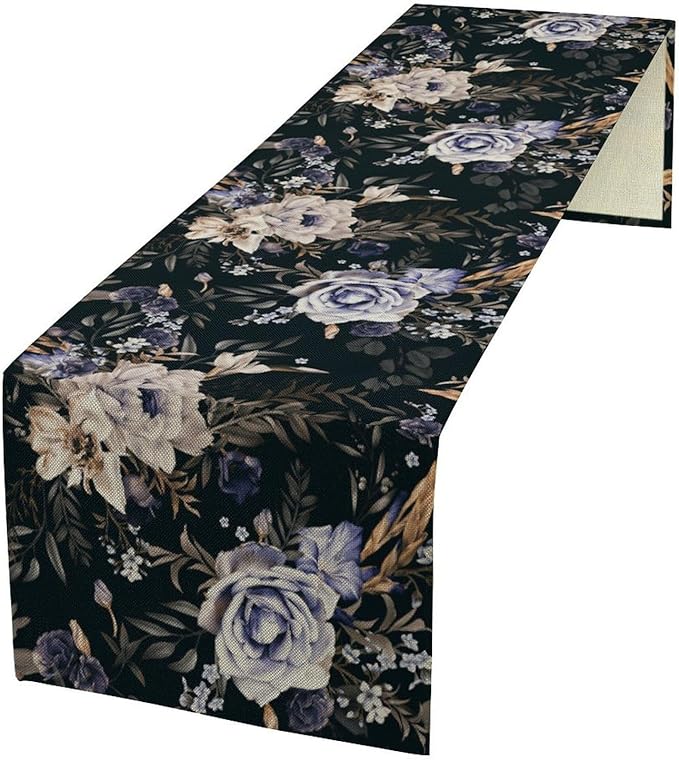 Dark Botanical Table Runner, Gothic Vintage Purple Garden Flowers Herbs Print Print Table Cover for Kitchen Dining Home Decor Wreath Party Decoration, 13x60inch