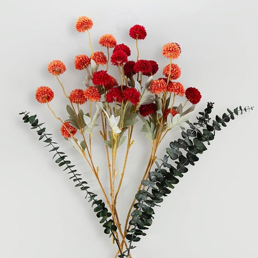 6 Artificial Silk Flowers + 3 Eucalyptus, Artificial Chrysanthemums with Stems for Home Decor,Bumnt Orange and Red Mix