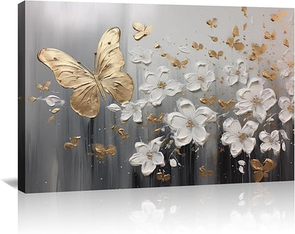 KPLUNDO Glod Butterfly Wall Art White Flower Canvas Prints Wall Decor Gray Poster Landscape Picture Modern Artwork Home Decor for Office Living Room Bedroom Bathroom Decoration(Art-1,20.00x30.00 inch)