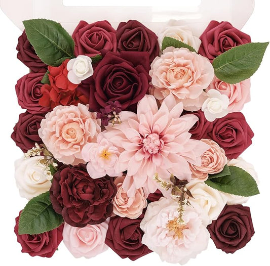 TINGE TIME Artificial Flowers Burgundy & Pink Flower Combo for DIY Wedding Bouquets Table Centerpieces Arrangements Party Baby Shower Home Decorations