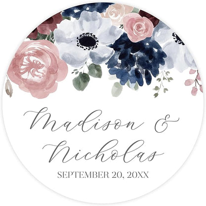 Personalized Floral Wedding Stickers with Your Choice of 30 Flower Styles - Choose Font and One of Five Pre-made Phrases or Add Custom Text (020 - Blue and Pink Flowers)