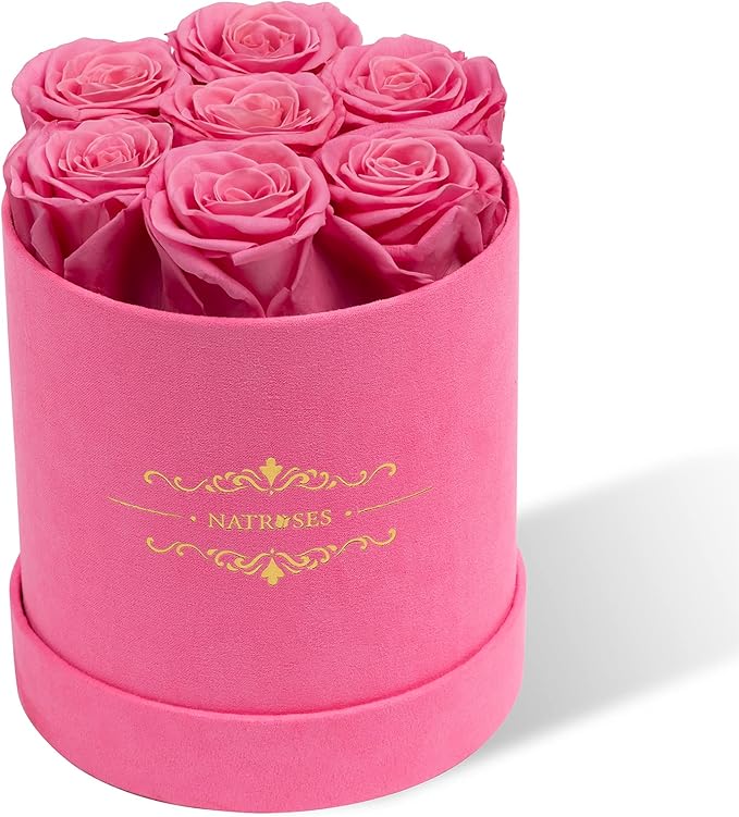 NATROSES 7 Piece Preserved Roses in a Box, Preserved Flowers for Birthday, Flower Gifts for Mothers Day (Pink)