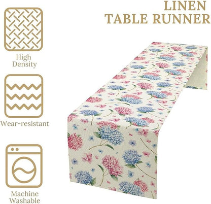 Hydrangea Table Runner, Spring Summer Watercolor Blue Floral Seasonal Country Farmhouse Coffee Table Center Decor for Home Kitchen Dining Patio Holiday Party Table Decorations 13x90 inches