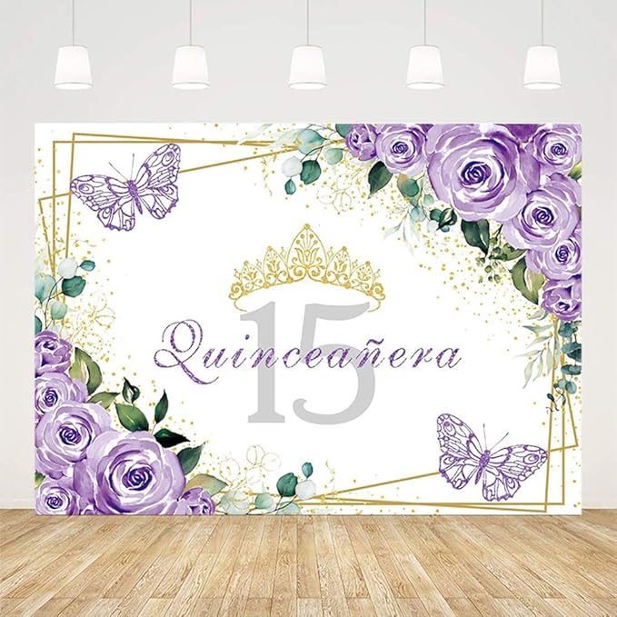 SENDY 10x7ft Quinceañera Backdrop Mis Quince 15 Anos Birthday Party Decoration Supplies for Girl Princess Purple Floral Butterfly Gold Crown Photography Background Banner Photo Booth Studio Prop Vinyl
