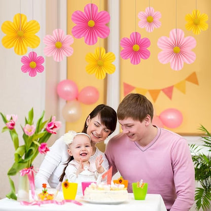 Pink Party Decorations Paper Flowers Decorations for Wall Classroom Paper Fans Floral Backdrop Flower Wall Decor Pack of 9 Pink Yellow