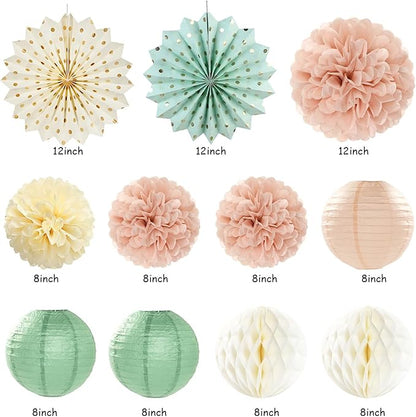 Sage-Green Blush-Beige Baby Shower Party-Decorations - 21pcs Girls Welcome Baby Banner,Light Dusty Pink Paper Lanterns Pom Poms,Safari Woodland Boho Neutral Streamers Garland Decor Favors Huglony
