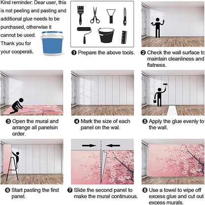Pink Cherry Blossom Wall Mural, Romantic Cherry Blossom 3D Wall Murals, Japanese Flower Wallpaper Mural, for Living Room Bedroom Large Wallpaper Indoor Decor 78.7" W x55.1 H