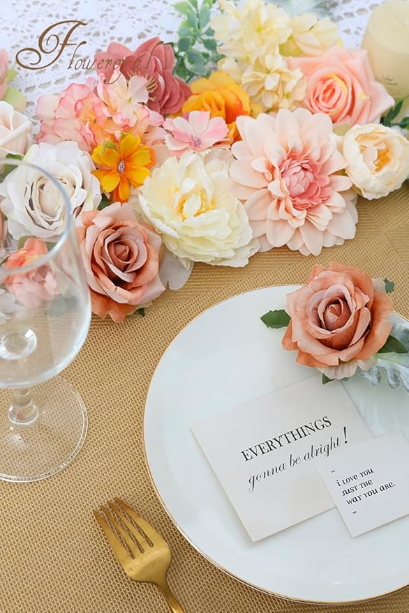 Floweroyal Artificial Flowers Combo Champagne Flowers Mix Silk Flowers Dahlia Roses with Stems for DIY Wedding Bridal Bouquets, Baby Shower, Floral Arrangement, Table Centerpieces, Home Decorations.