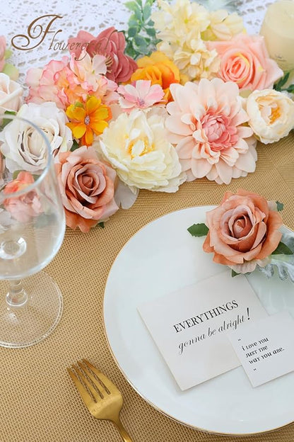 Floweroyal Artificial Flowers Combo Champagne Flowers Mix Silk Flowers Dahlia Roses with Stems for DIY Wedding Bridal Bouquets, Baby Shower, Floral Arrangement, Table Centerpieces, Home Decorations.