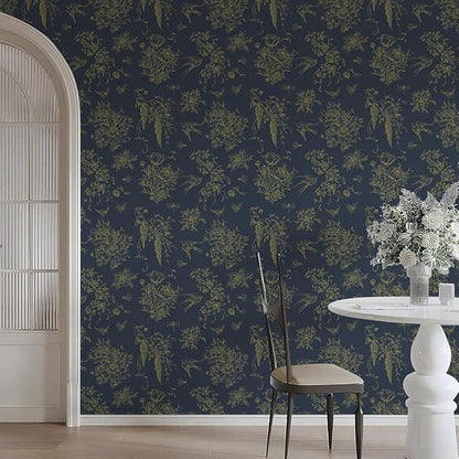 Floral Birds Wallpaper Peel and Stick Dark Blue Contact Paper 16.9”x 118.1” Vintage Floral Self Adhesive Removable Wallpaper Flower Birds Wall Paper for Bathroom Kitchen Decor Vinyl