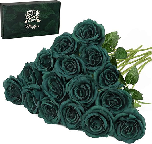 Waipfaru 16 Pcs St Patricks Day Roses, Long Stem Fake Roses Artificial Flowers, Silk Flowers for Valentines, Roses Bouquet Peacock Green Home Decor