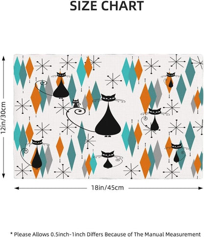 Mid Century Placemats, Modern Minimalist Art Abstract Geometric Atomic Star Explosion Black Cat Print Washable Fabric Placemats Table Kitchen Dining Party 12x18 Inch Set of 4