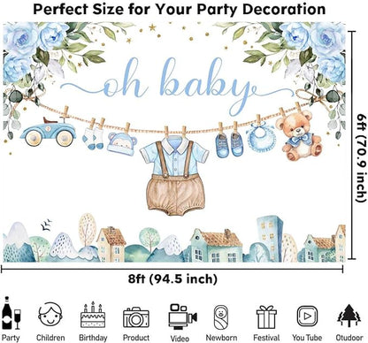 Sensfun Cute Clothes Baby Shower Backdrop for Boys Oh Baby Newborn Blue Floral Eucalyptus Leaves Adventure Baby Shower Party Decorations Banner Supplies Photo Booth Studio Props 8x6ft