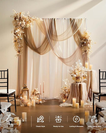 Ling's Moment Wedding Arch Draping Fabric 3 Panels 20Ft Chiffon Fabric,Sheer Draping Fabic for Wedding Arrangement Ceremony Reception Backdrop Party Swag Home Decor (Nude & Walnut Brown)