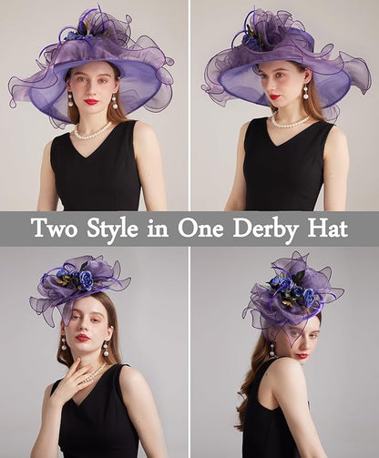 Organza Derby Hats for Women Wide Brim Fascinator Hat Rose Flower Wedding Tea Party Hat