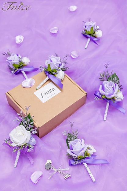 Fnize Purple Boutonniere for Men, 6 Pcs Groom Groomsmen Boutonnieres, Artificial Flowers for Wedding Prom Homecoming