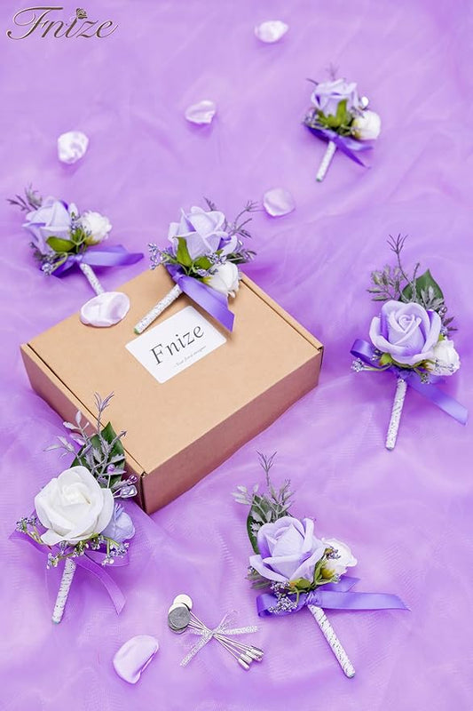 Fnize Purple Boutonniere for Men, 6 Pcs Groom Groomsmen Boutonnieres, Artificial Flowers for Wedding Prom Homecoming