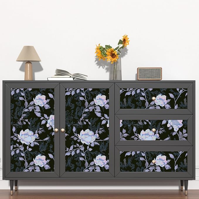 Black White Blue Floral Peel and Stick Wallpaper Flowers Contact Paper 17.5"x118" Self Adhesive Waterproof Vintage Dark Floral Wall Paper for Shelf Liner Cabinet Decor