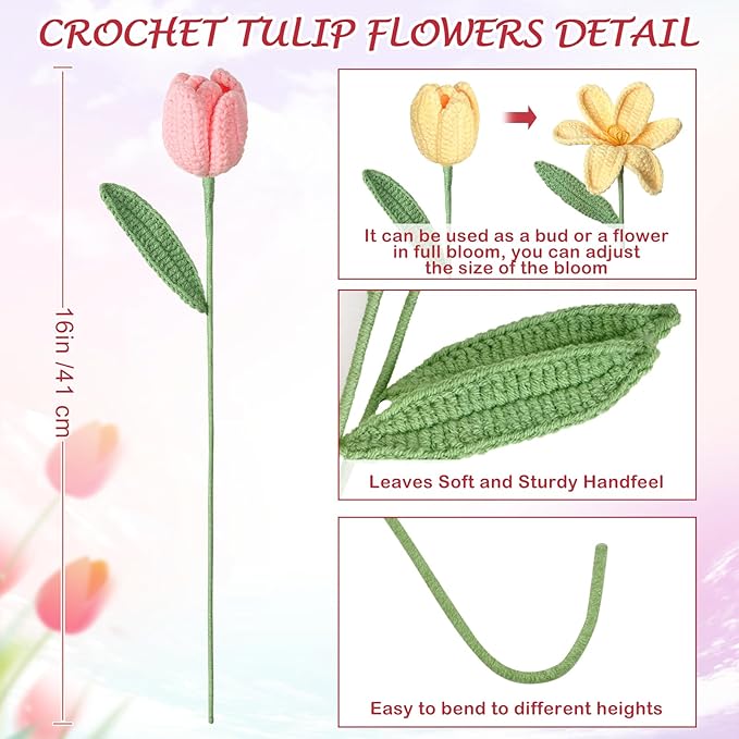 Dremisland Crochet Flowers 6PCS Crochet Tulips Finished Handmade Knitted Flowers Crocheted Bouquets Pastel Floral Gift for Mothers Girls Friends Teacher Gifts for Women,Graduation Flower Home Decor