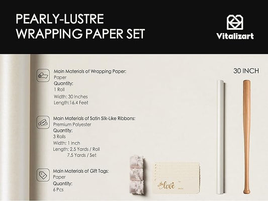 Vitalizart White Wrapping Paper Set 30" Pearly-Lustre With Silk Like Satin Ribbon & Gift Tags Recyclable Christmas Gift Wrapping Birthday Baby Shower Wedding Handmade Crafts 197"(16.4 Ft)