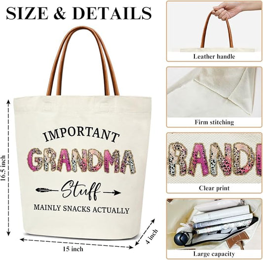 Canvas Tote Bag for Women, Important Stuff Bag with Leather Handle, Reusable Grocery Bags for Shopping Beach Travel