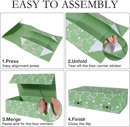 Green Leaves Gift Box with Magnetic Lids 13.8x8.3x4.4 in, Large Bridesmaid Proposal Boxes, Rectangle Wedding Decorative Storage Box 5 Pack