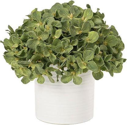 Hydrangea Fake Flowers in Vase, Artificial Flowers with Ceramic Vase Small Faux Potted Plant Arrangements for Bathroom Home Desk Kitchen Counter Vanity Shelf Coffee Table Centerpiece Decor (Green)