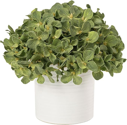 Hydrangea Fake Flowers in Vase, Artificial Flowers with Ceramic Vase Small Faux Potted Plant Arrangements for Bathroom Home Desk Kitchen Counter Vanity Shelf Coffee Table Centerpiece Decor (Green)