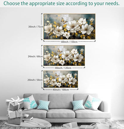 Wall Art Modern Flower Artwork Paintings White Blossom Gold Leaf Butterfly Landscape Picture wall Decor for Living Room Bedroom Kitchen 20"x40" with Framed