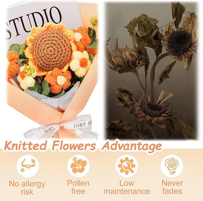 CHUNY Handmade Crochet Flower Bouquet, Sunflower & Daisy Knitted Artificial Flowers for Home Decor, Ideal Gift for Fathers Day, Teacher's Day, Birthdays, Weddings & Graduation Gifts