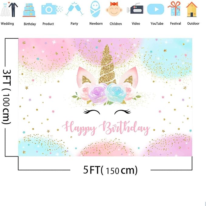 Mocsicka Unicorn Birthday Decorations Backdrop for Girls Party 5x3ft Pastel Rainbow Glitter Stars Dots Happy Birthday Banner Photo Booth Props