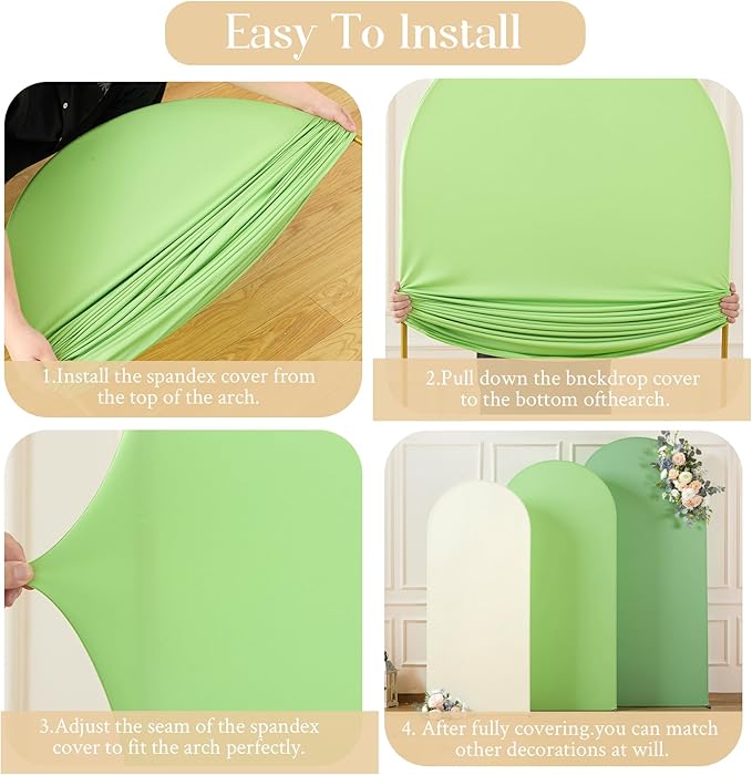 Boho Arch Backdrop Cover 7.2FT 6.6FT 6FT Stretchy Wedding Arch Covers Set of 3 Spandex Fitted Sage Green Light Green Cream Fabric Backdrop Cover for Party Baby Shower Birthday Decoration