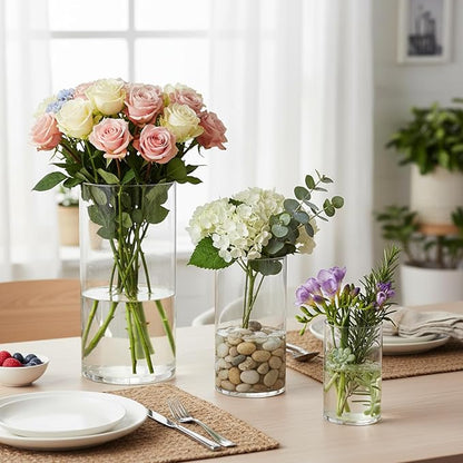 12 Pack Cylinder Vases for Centerpieces 4, 6, 8 Inch Tall Acrylic Cylinder Clear Flower Vase Set Home Decor Centerpiece Table Clear Flower Vase Decorations for Table Shelf, Party, Wedding