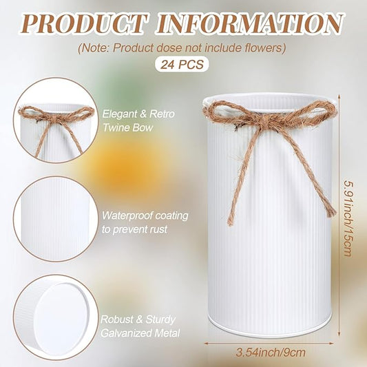 Domensi 5.91 in High Farmhouse Vase Decor Galvanized Metal Flower Vase with Twine Bow Vintage Rustic Tin Flower Buckets for Artificial Floral Table Container DIY(White,24 Pcs)