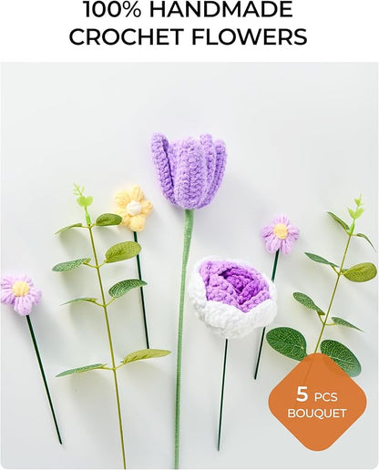 Crochet Flowers Bouquet Gift for Wife Girlfriend Fiancee Mother Women, Handmade Artificial Knit Purple Rose Tulip Flower for Wedding Anniversary Birthday Valentine's Day Present, Home Decor
