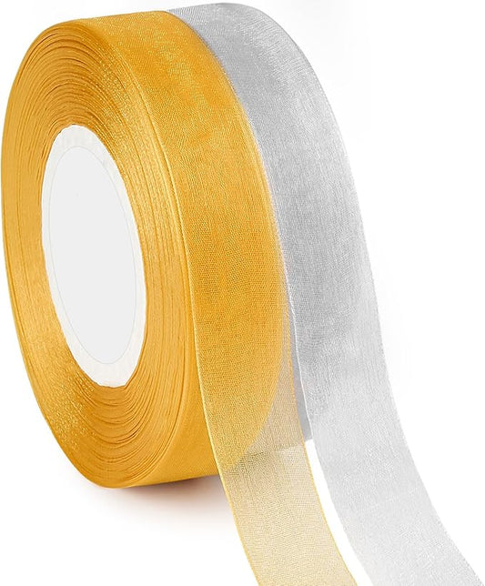 100 Yards Gold & Silver Sheer Organza Ribbons for Bow Making, Gift Wrapping, Christmas Decoration