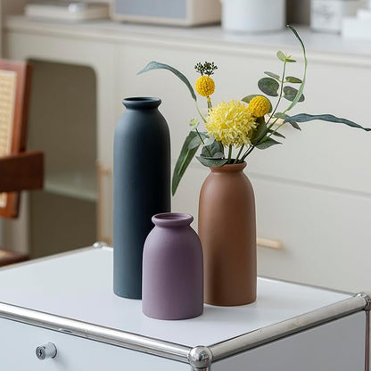 10.4 inches Tall Decorative Ceramic Vase Set, 3 Pieces, Nordic Modern Boho Style, White, for Home Decor (Black Mix)