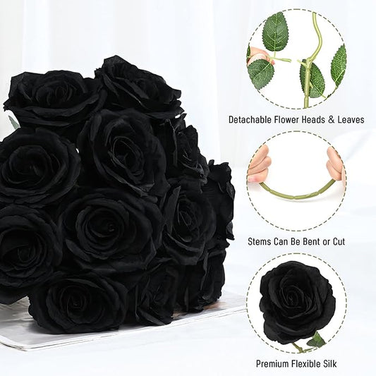 Waipfaru 8 Pcs Artificial Flowers Fake Silk Black Roses Bulk, Faux Real Touch Roses Bouquet with Long Stem for Wedding Party Home Decor (Black)